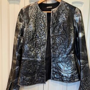 Genuine Leather ROZAE Nichols metallic embossed peplum leather jacket